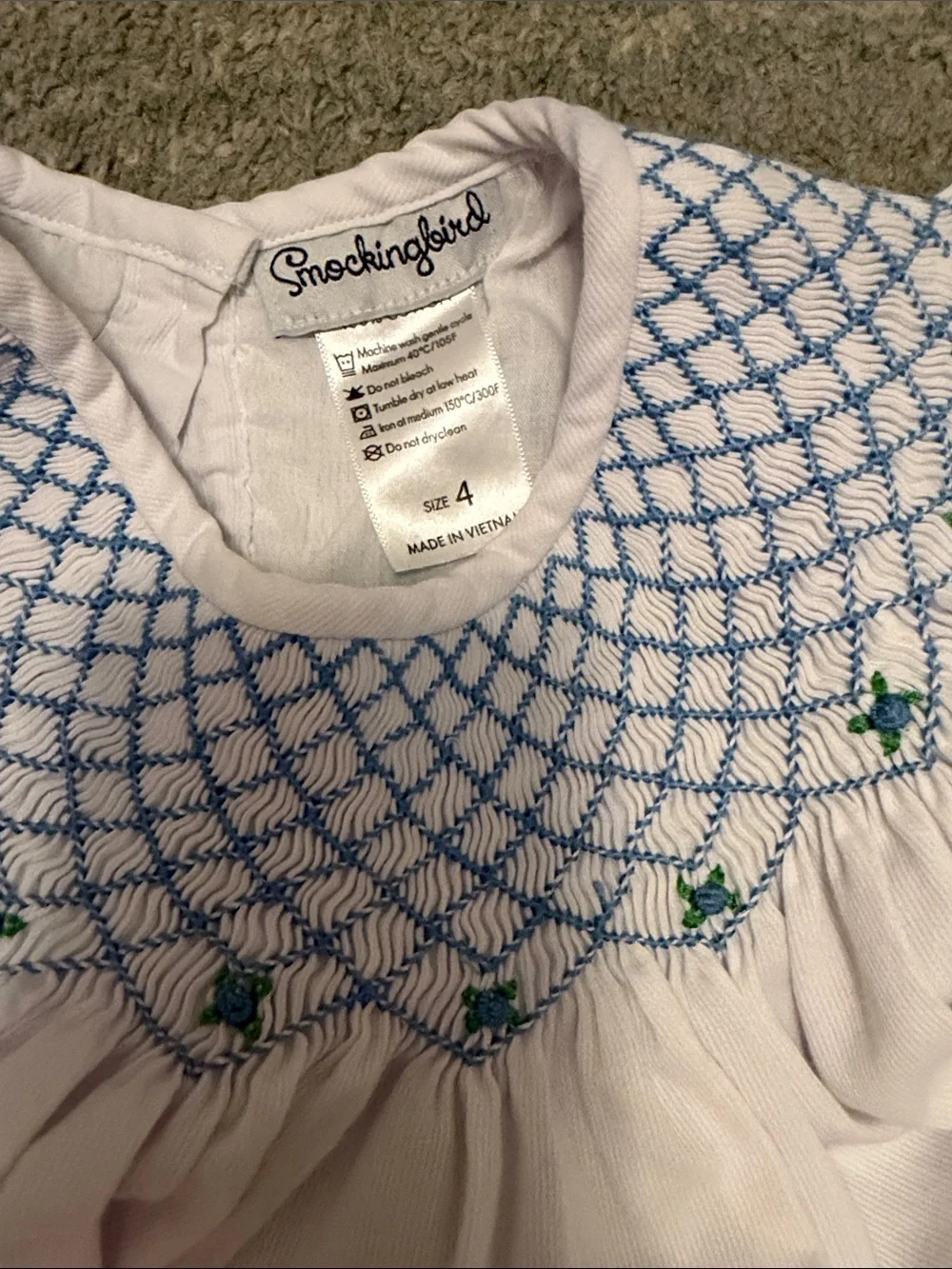 Smocking Bird set , Smocked White Baby Top with Blue Bloomer Set